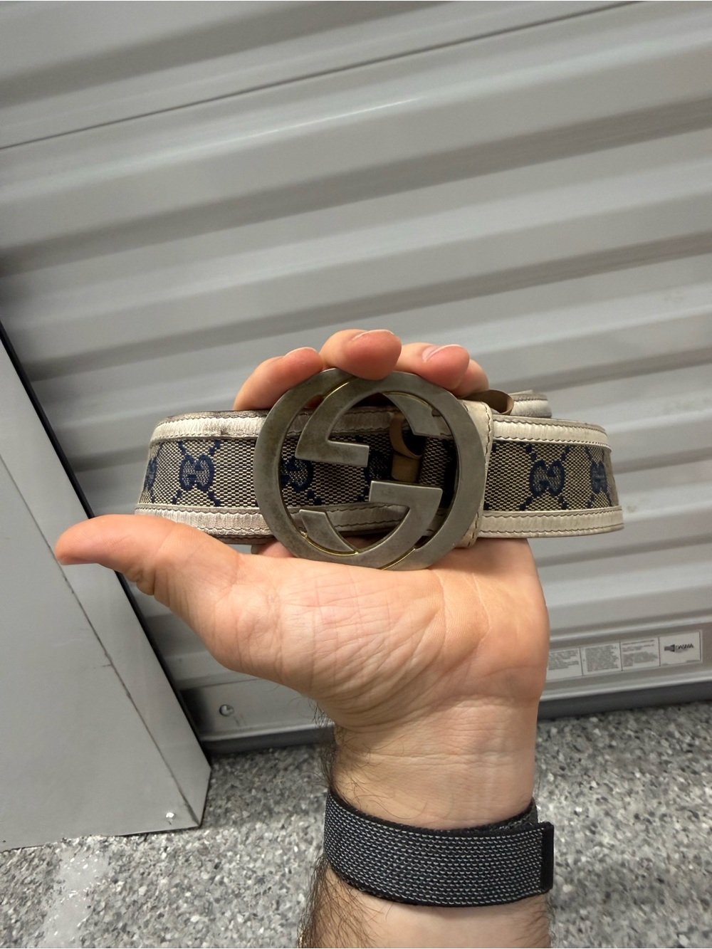 Gucci Beige/Blue GG Canvas Belt with Brass Double G Buckle